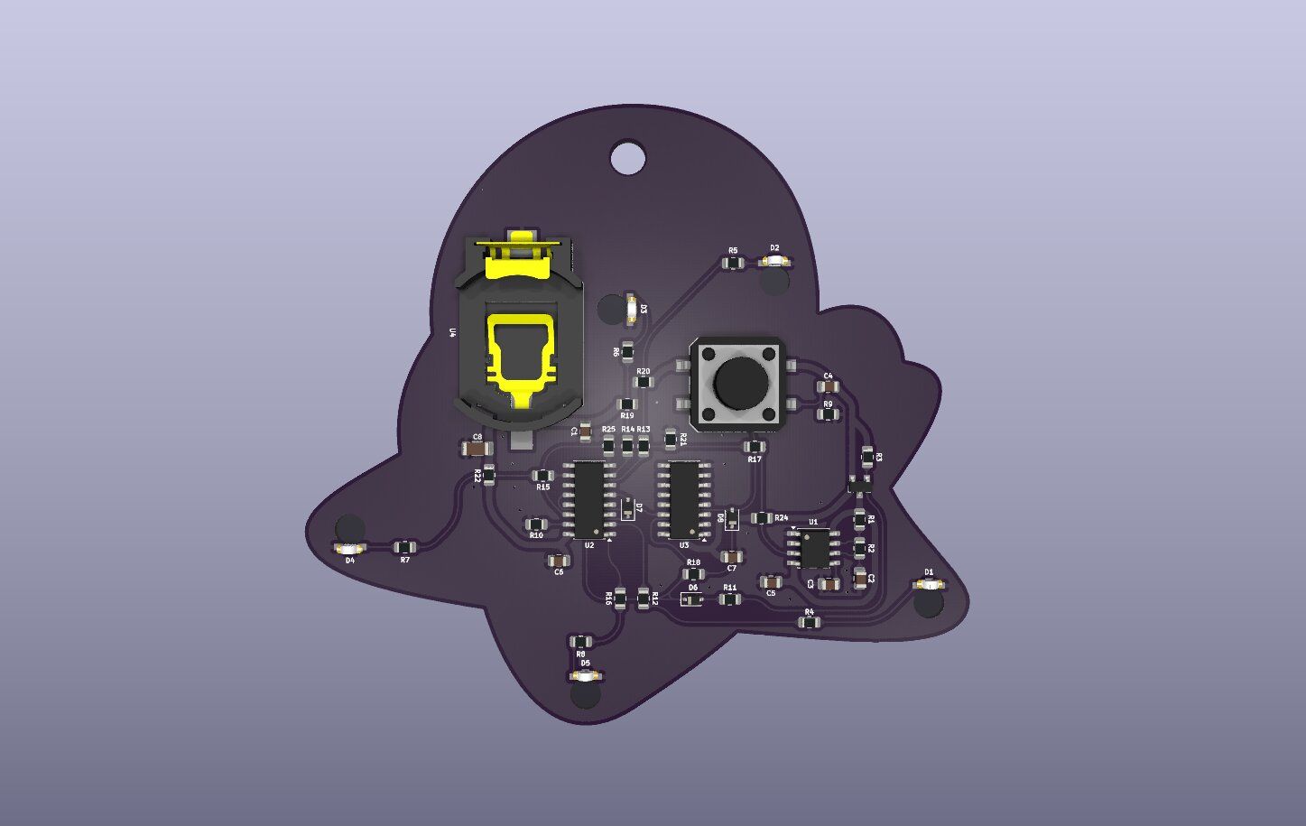 Kirby-shaped LED keychain PCB, back side showing SMD components