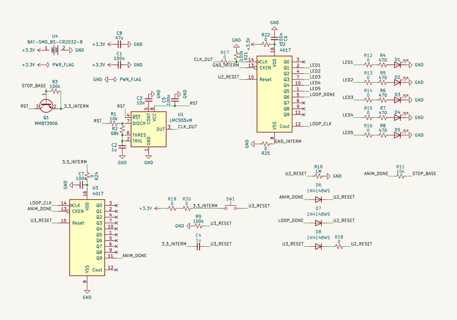 Kirby LED keychain analog chase circuit schematic
