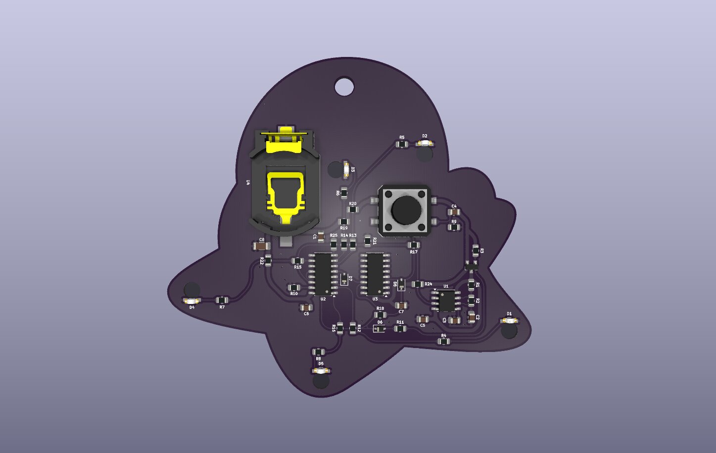Kirby-shaped LED keychain PCB, back side showing SMD components