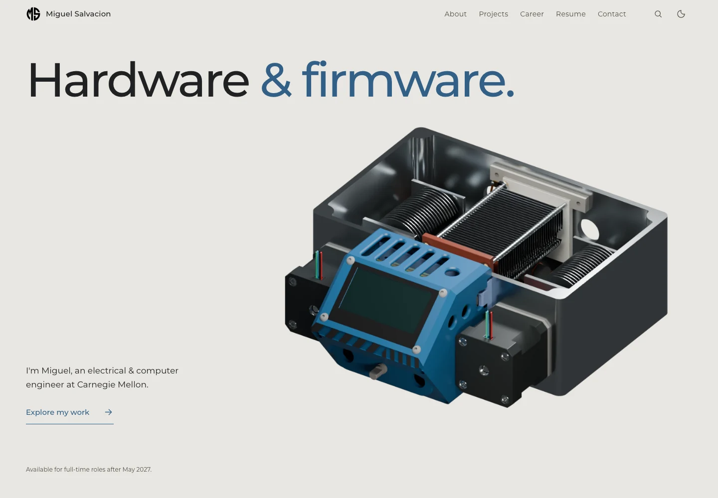 The October homepage: Hardware and firmware in large sans-serif type, a detailed impedance matcher render, and a short personal introduction.